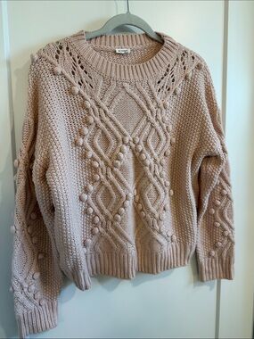 En Creme Blush Pink Pom-Pom Cable Knit Crewneck Sweater